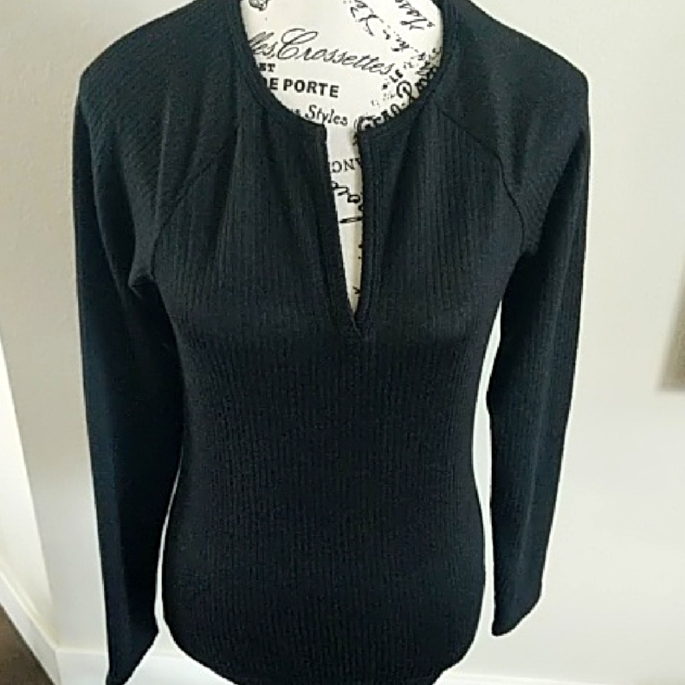 Jenni Black Ribbed Split Neck PJ Top Small